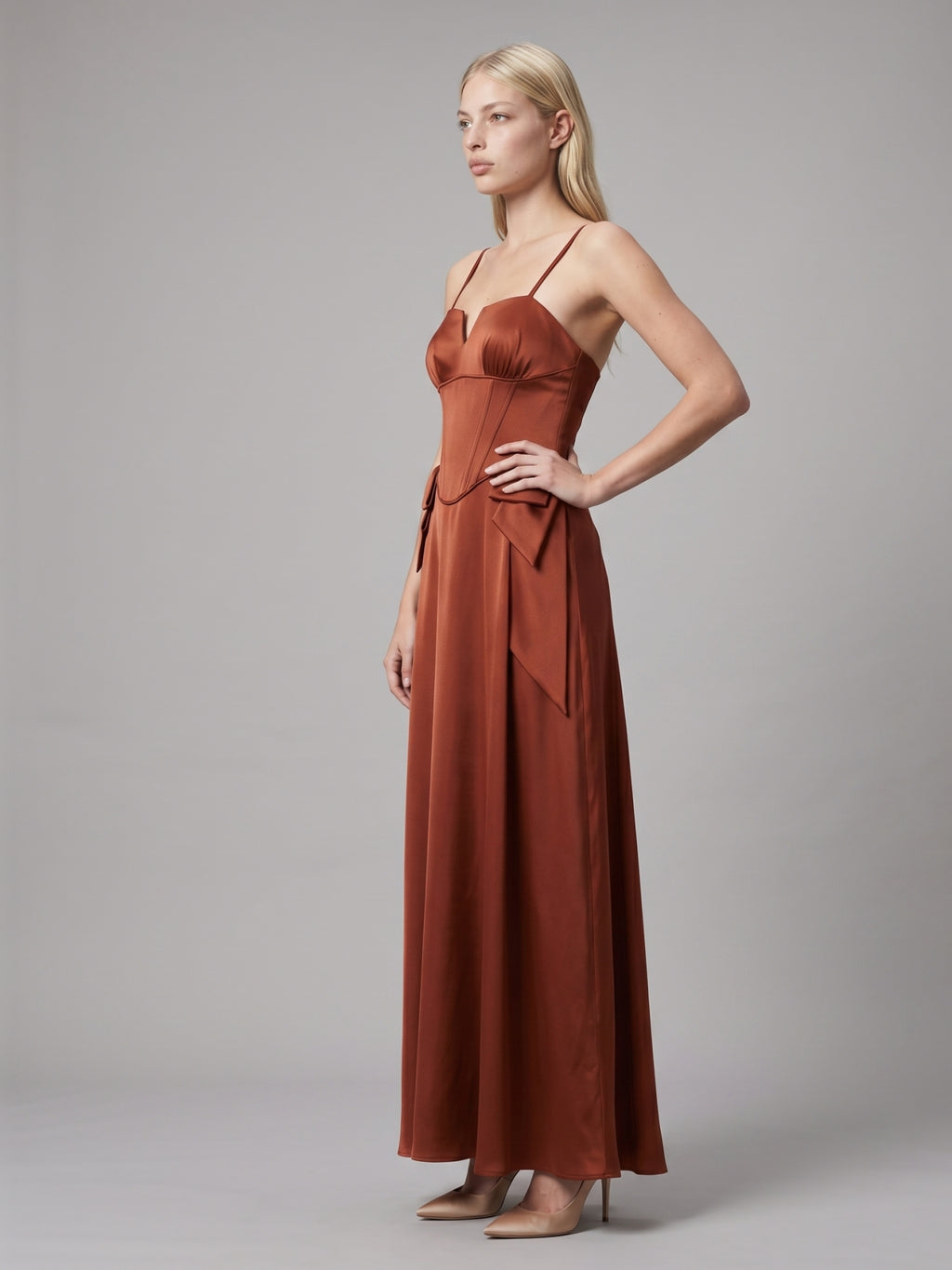 Rust Satin A-Line Straight Neck Backless Floor-Length Bridesmaid Dress with Bow