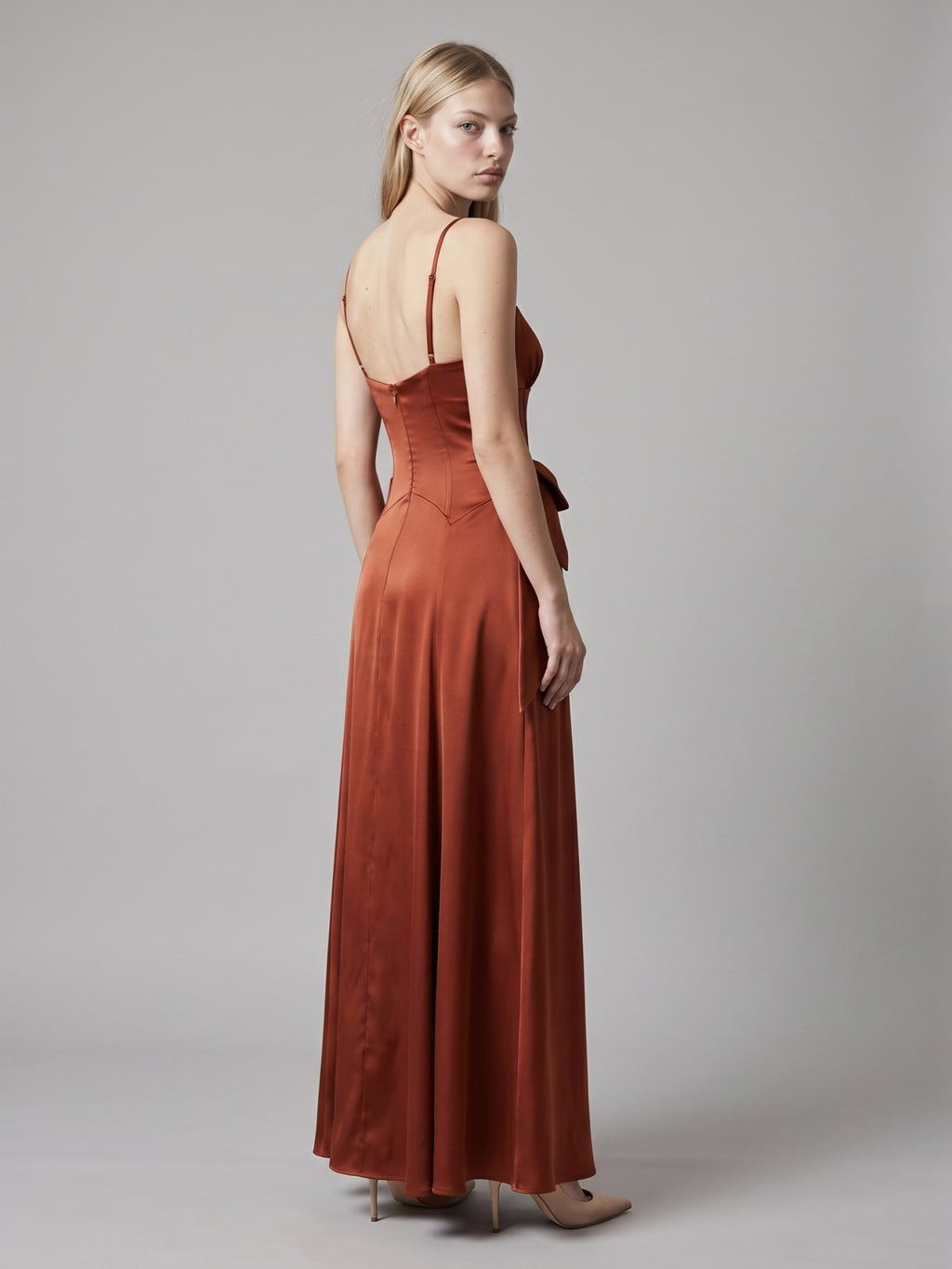 Rust Satin A-Line Straight Neck Backless Floor-Length Bridesmaid Dress with Bow