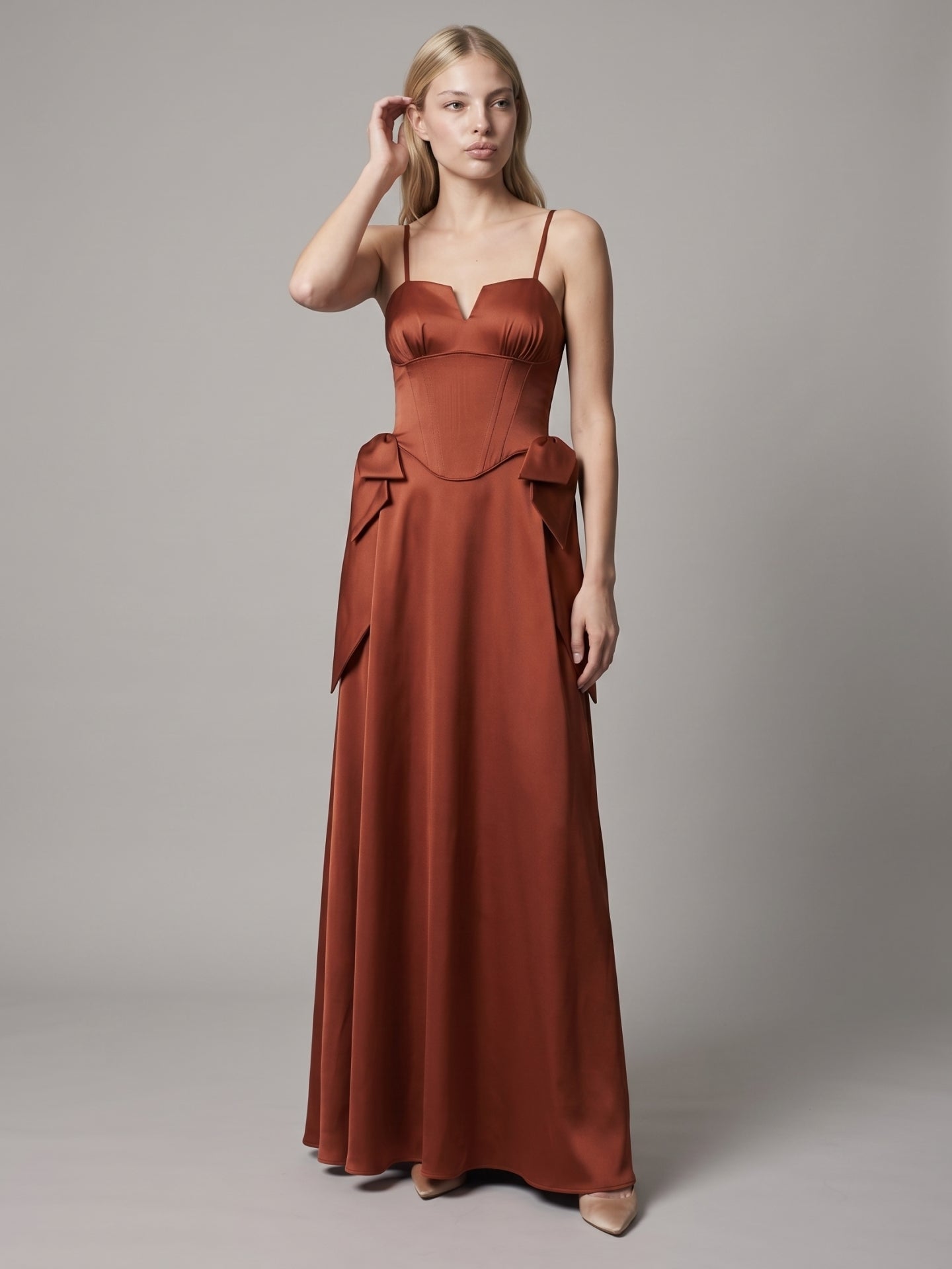Rust Satin A-Line Straight Neck Backless Floor-Length Bridesmaid Dress with Bow