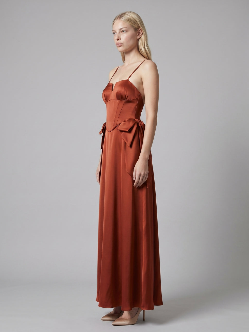 Rust Satin A-Line Straight Neck Backless Floor-Length Bridesmaid Dress with Bow