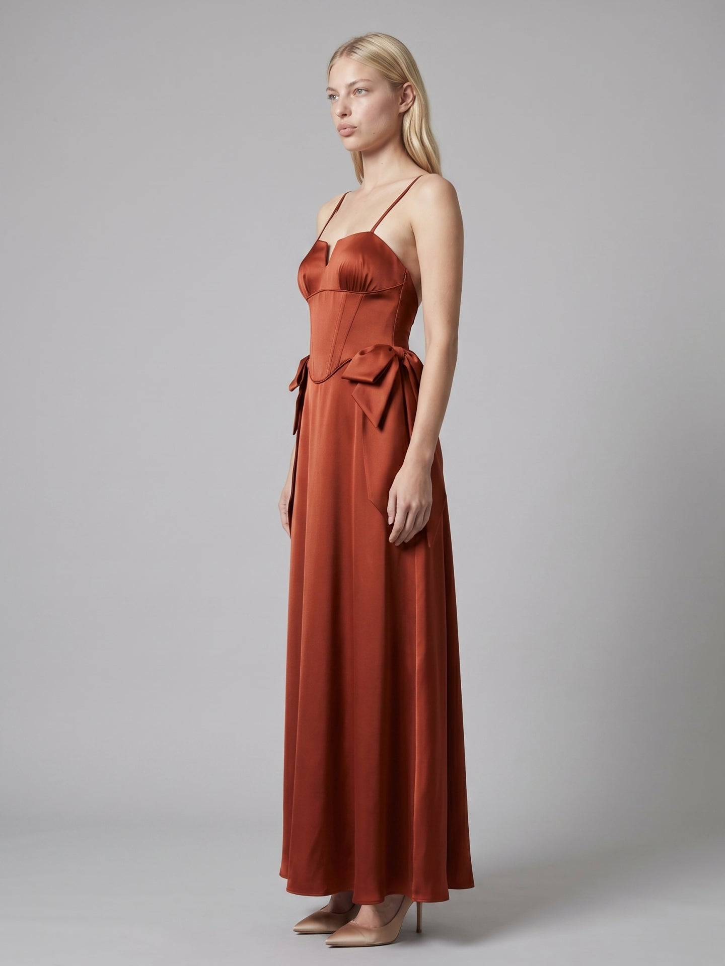 Rust Satin A-Line Straight Neck Backless Floor-Length Bridesmaid Dress with Bow