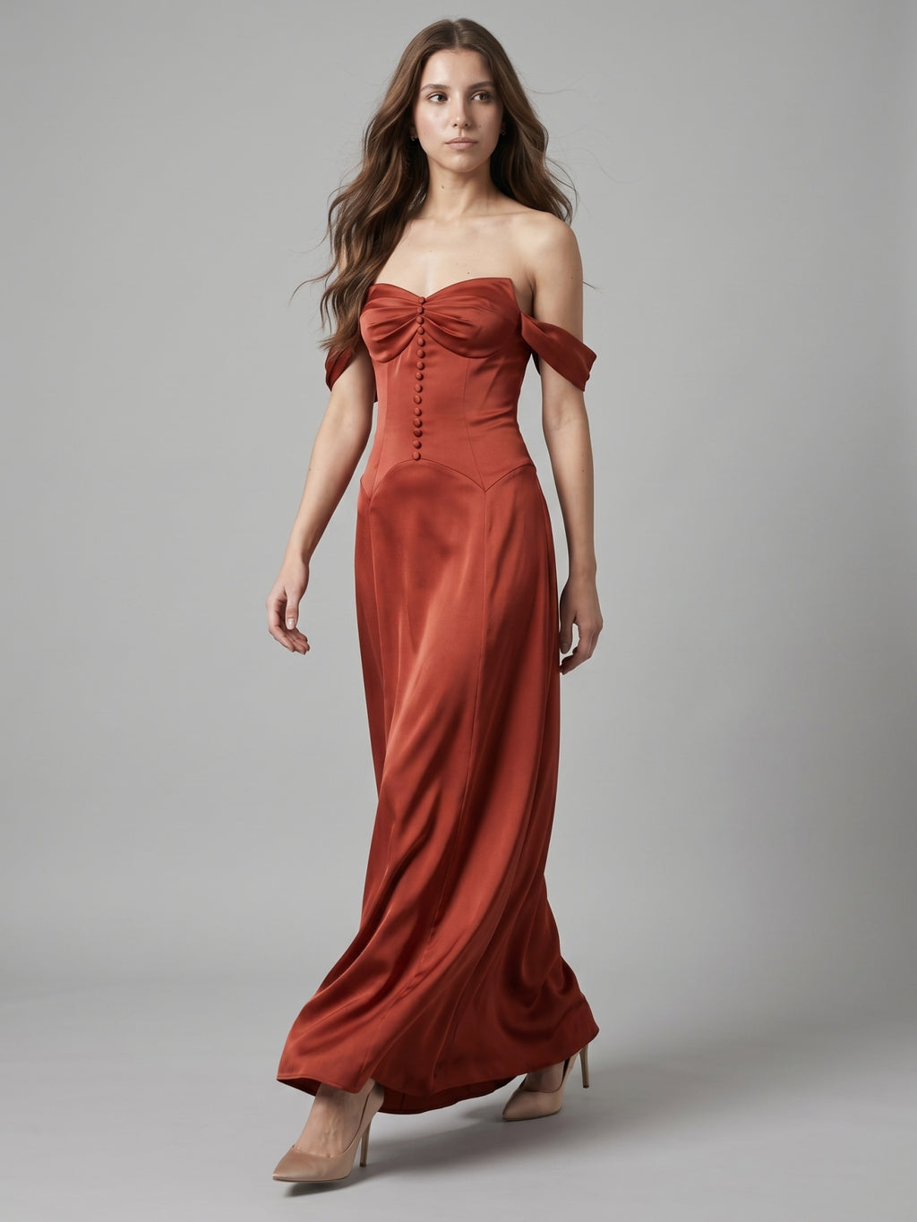 Rust Satin A-Line Off-the-Shoulder Backless Floor-Length Bridesmaid Dress with Pleats