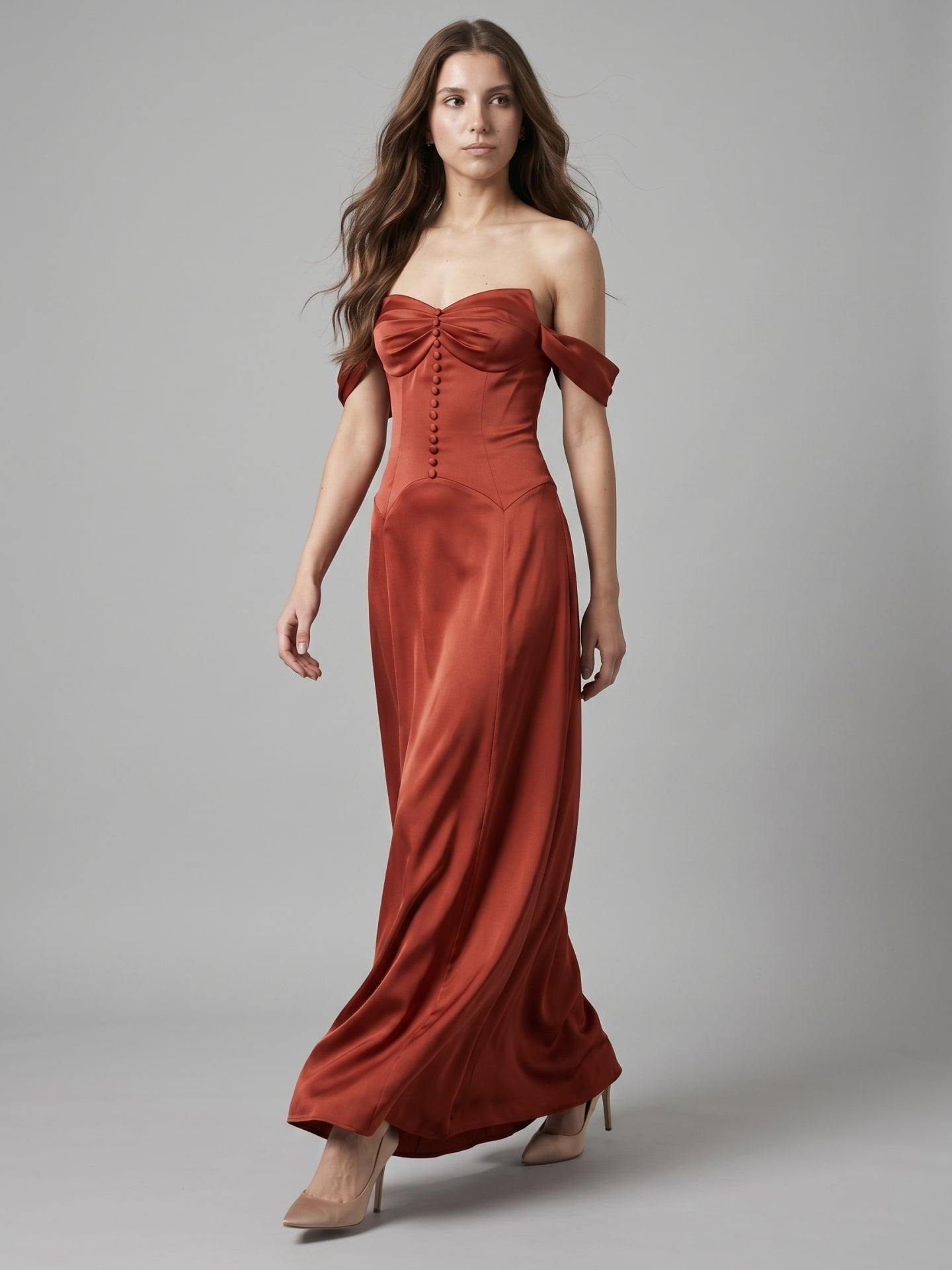 Rust Satin A-Line Off-the-Shoulder Backless Floor-Length Bridesmaid Dress with Pleats