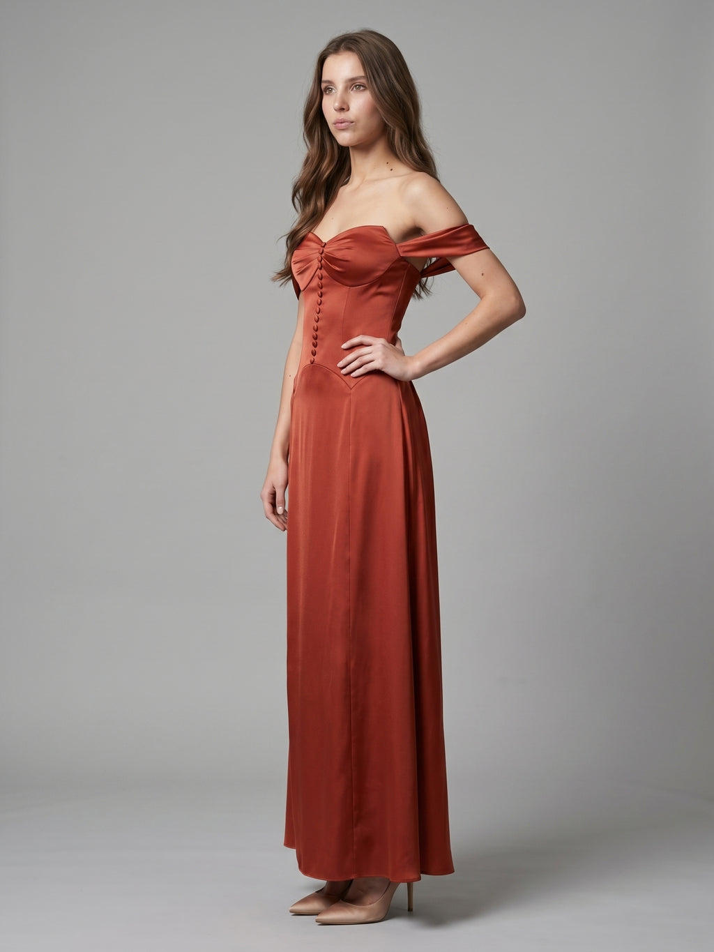Rust Satin A-Line Off-the-Shoulder Backless Floor-Length Bridesmaid Dress with Pleats