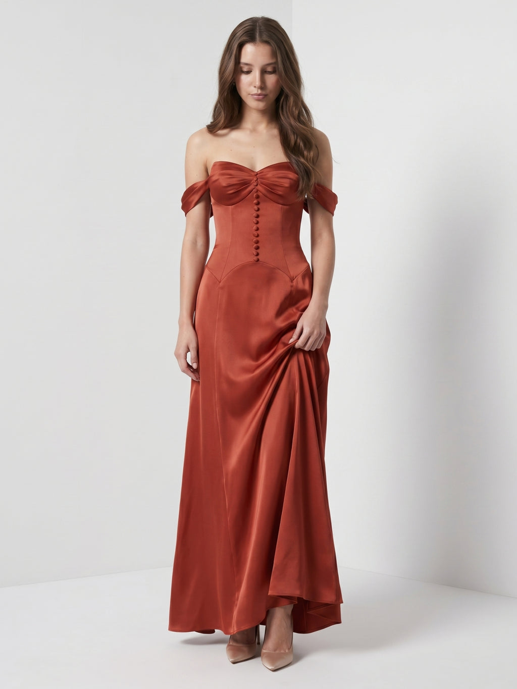 Rust Satin A-Line Off-the-Shoulder Backless Floor-Length Bridesmaid Dress with Pleats