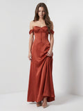 Rust Satin A-Line Off-the-Shoulder Backless Floor-Length Bridesmaid Dress with Pleats
