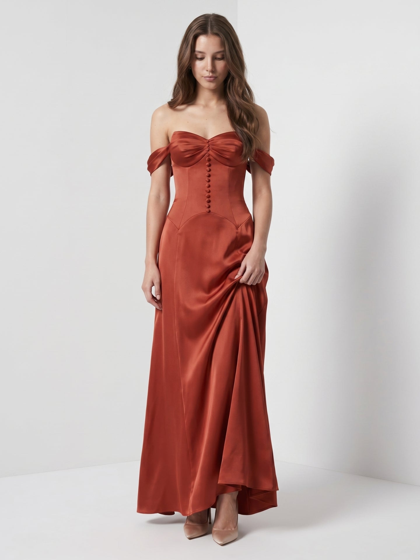 Rust Satin A-Line Off-the-Shoulder Backless Floor-Length Bridesmaid Dress with Pleats