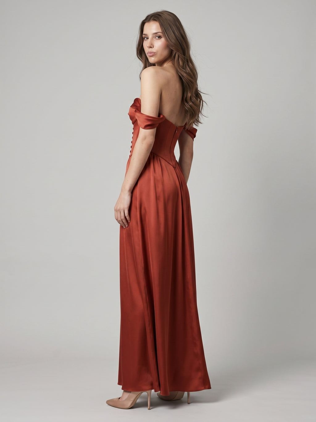 Rust Satin A-Line Off-the-Shoulder Backless Floor-Length Bridesmaid Dress with Pleats