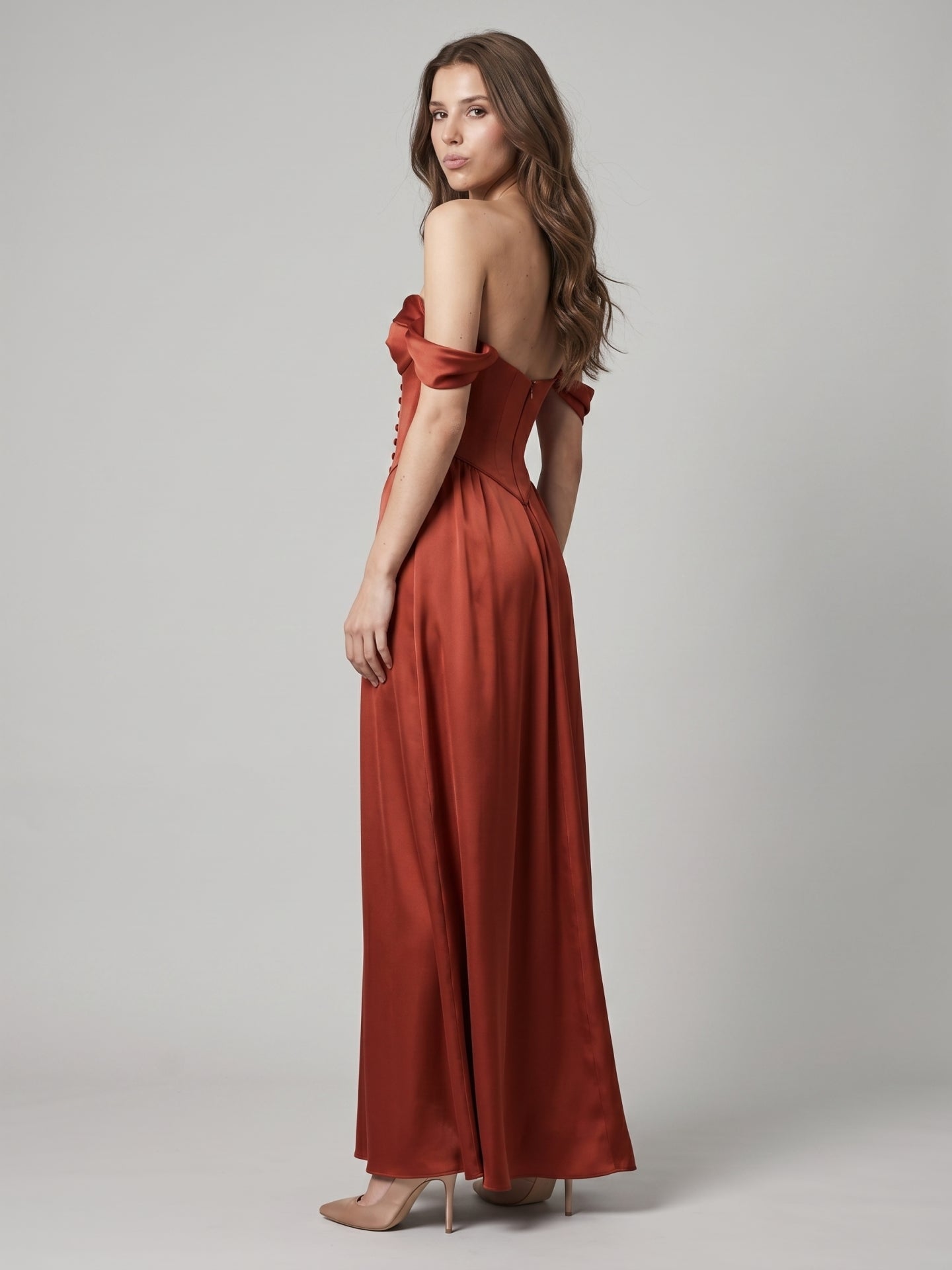 Rust Satin A-Line Off-the-Shoulder Backless Floor-Length Bridesmaid Dress with Pleats