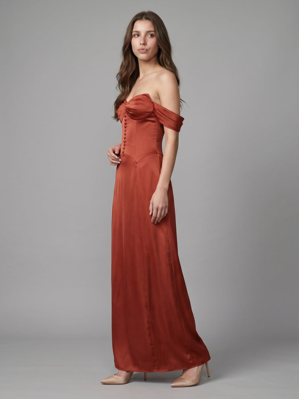 Rust Satin A-Line Off-the-Shoulder Backless Floor-Length Bridesmaid Dress with Pleats