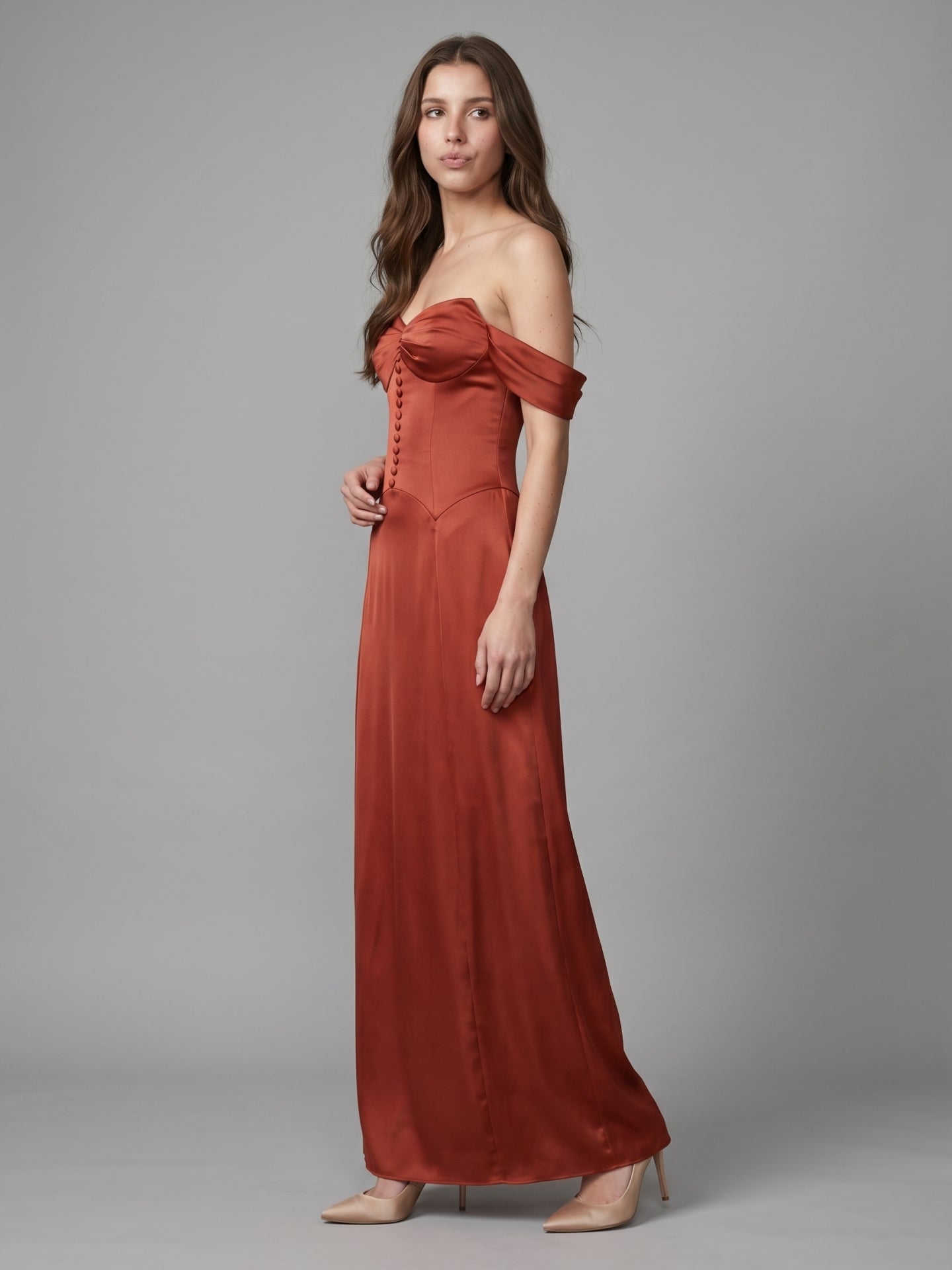 Rust Satin A-Line Off-the-Shoulder Backless Floor-Length Bridesmaid Dress with Pleats