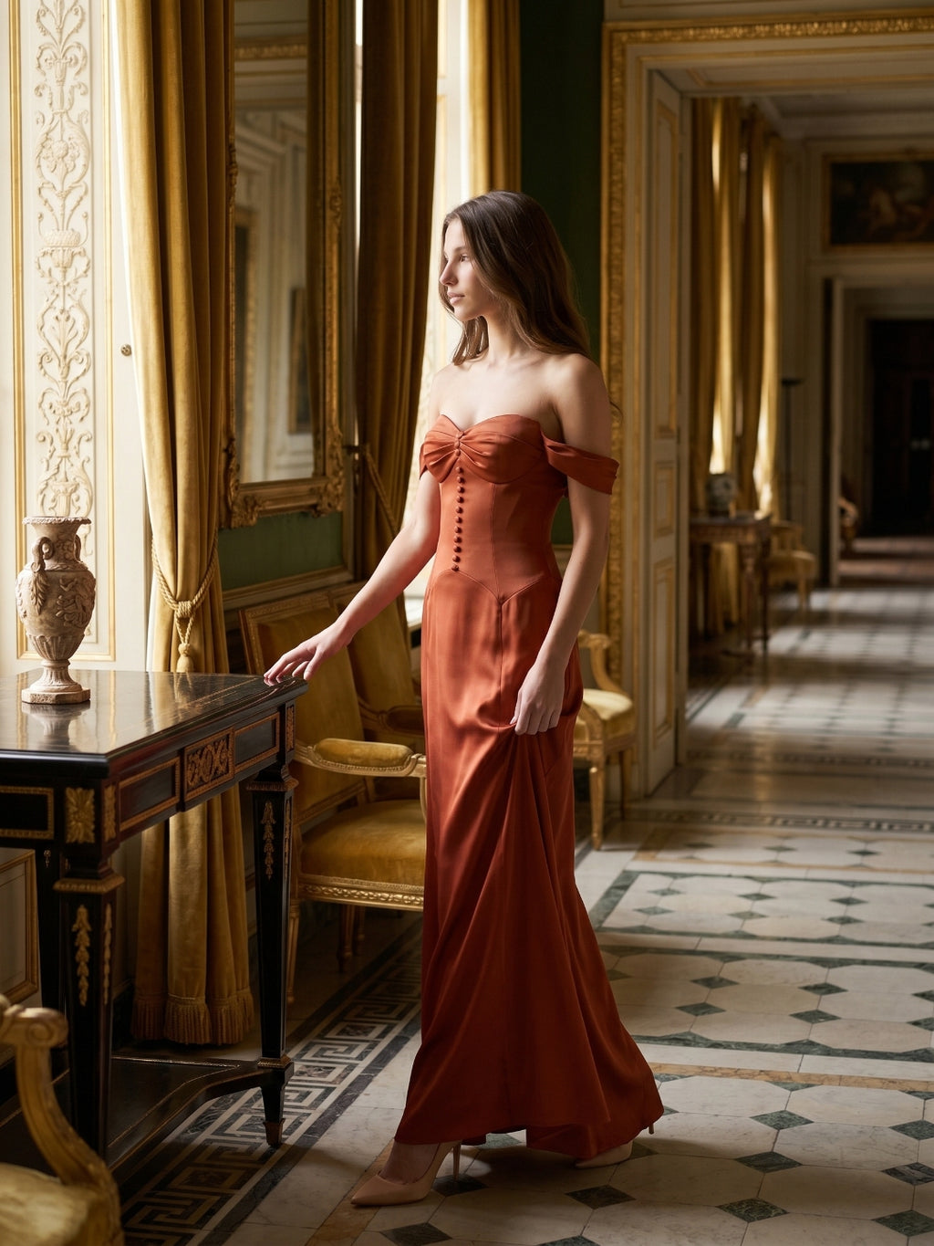 Rust Satin A-Line Off-the-Shoulder Backless Floor-Length Bridesmaid Dress with Pleats