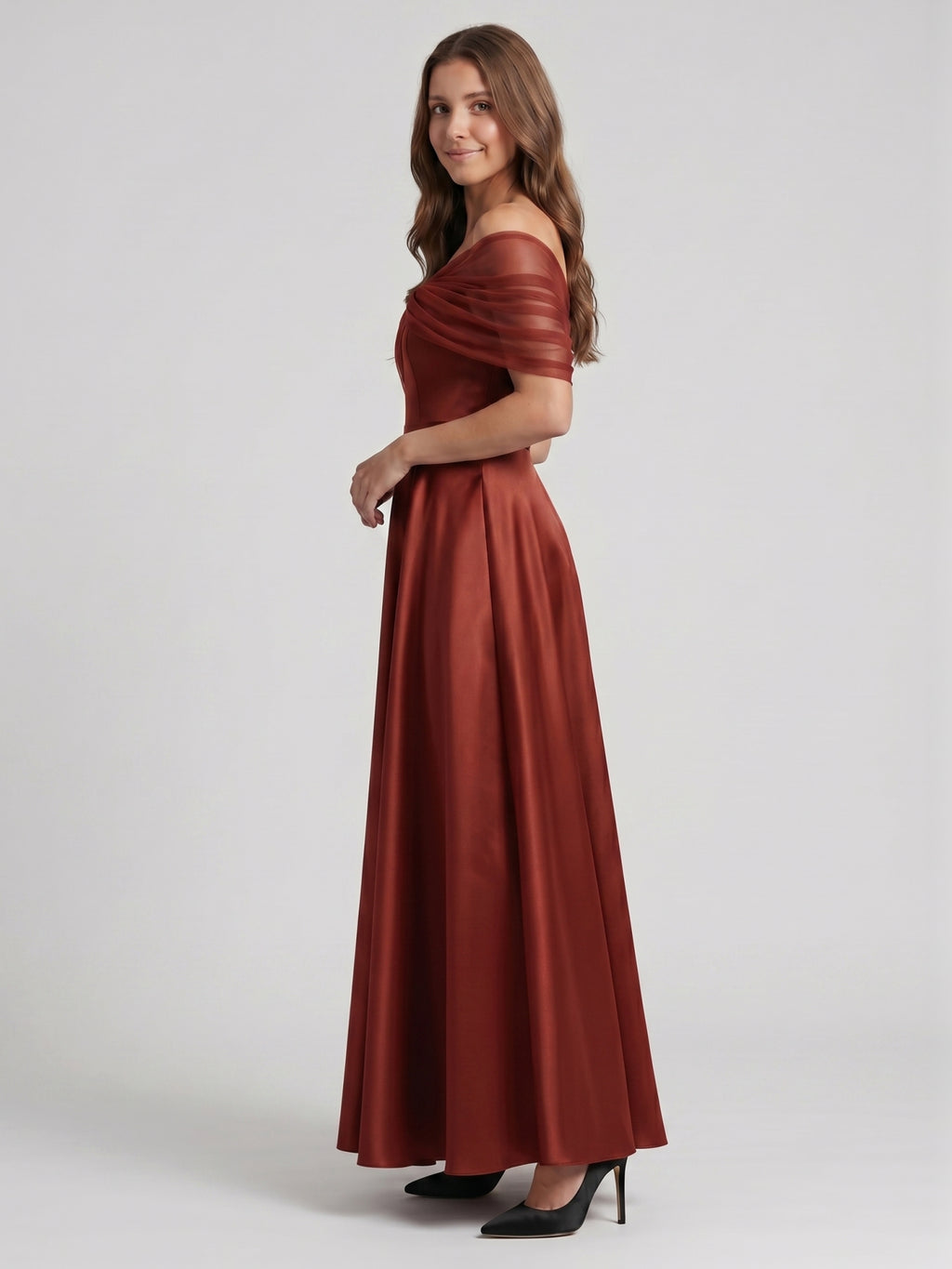 Rust Satin A-Line Off-the-Shoulder Floor-Length Bridesmaid