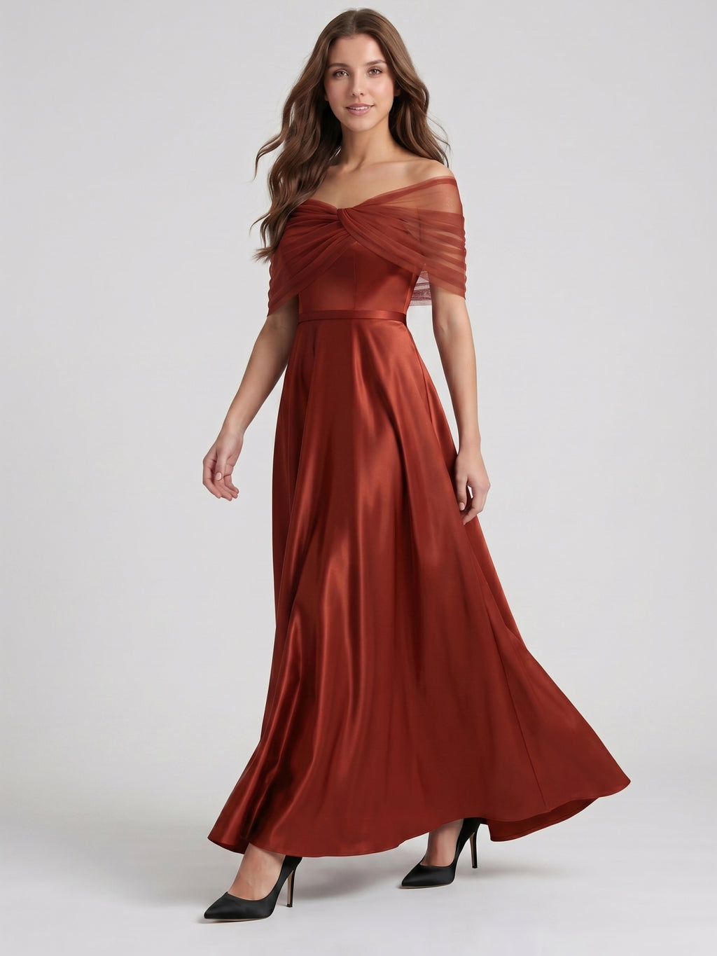 Rust Satin A-Line Off-the-Shoulder Floor-Length Bridesmaid