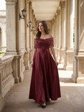 Rust Satin A-Line Off-the-Shoulder Floor-Length Bridesmaid