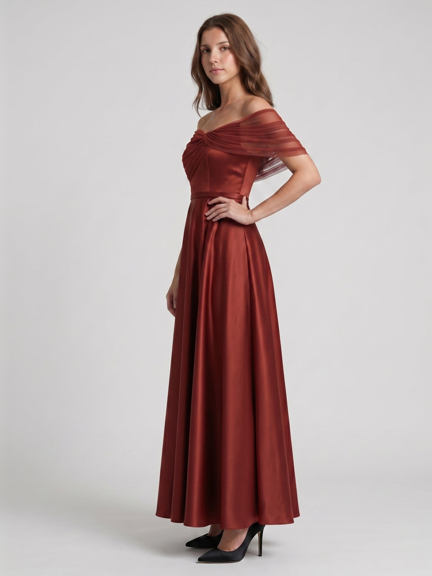 Rust Satin A-Line Off-the-Shoulder Floor-Length Bridesmaid