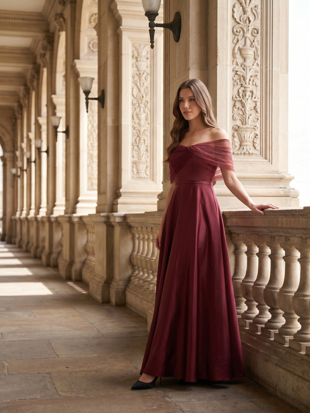 Rust Satin A-Line Off-the-Shoulder Floor-Length Bridesmaid