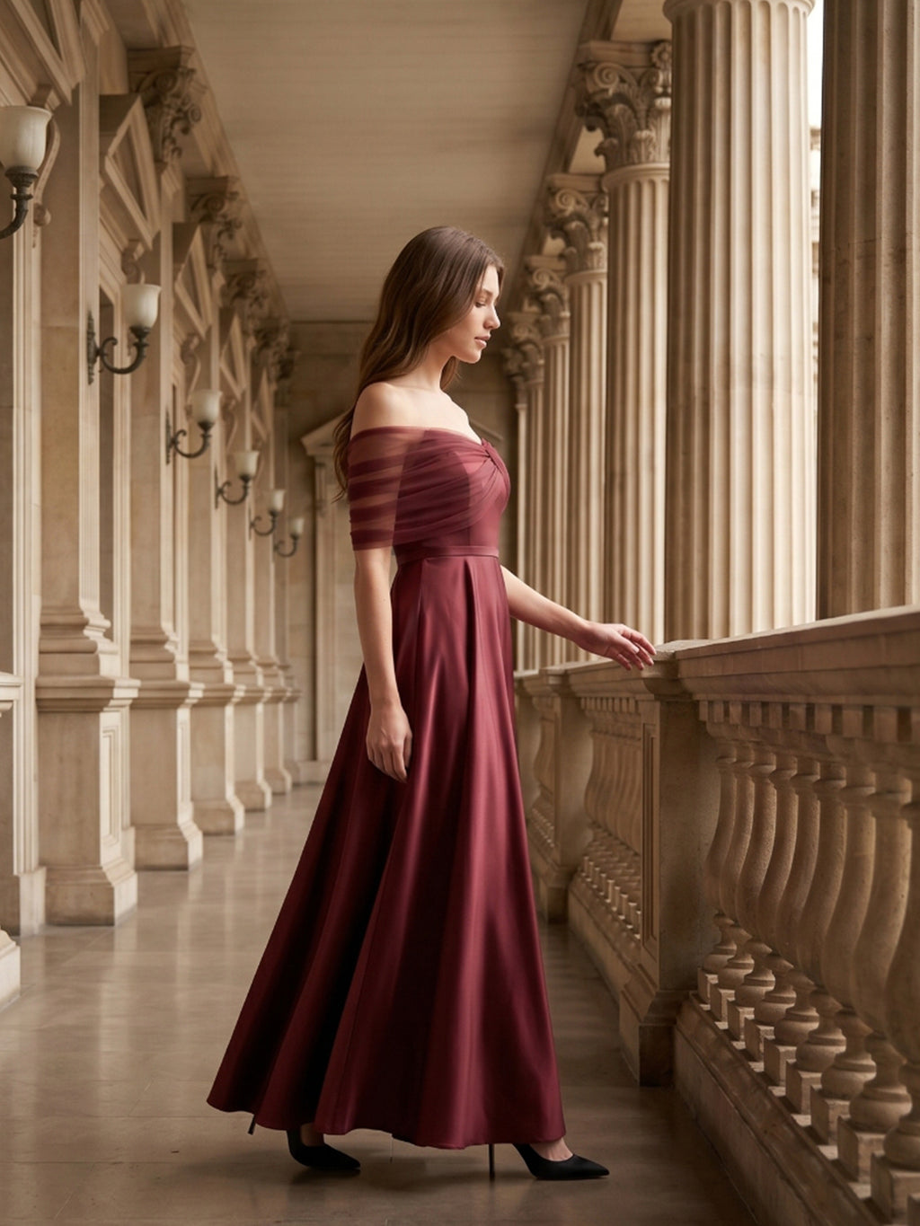 Rust Satin A-Line Off-the-Shoulder Floor-Length Bridesmaid