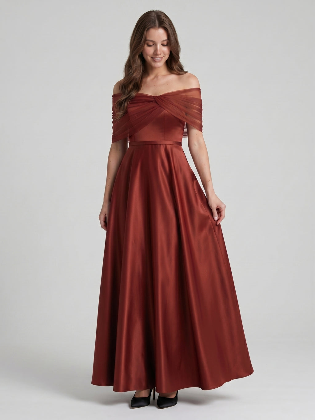 Rust Satin A-Line Off-the-Shoulder Floor-Length Bridesmaid