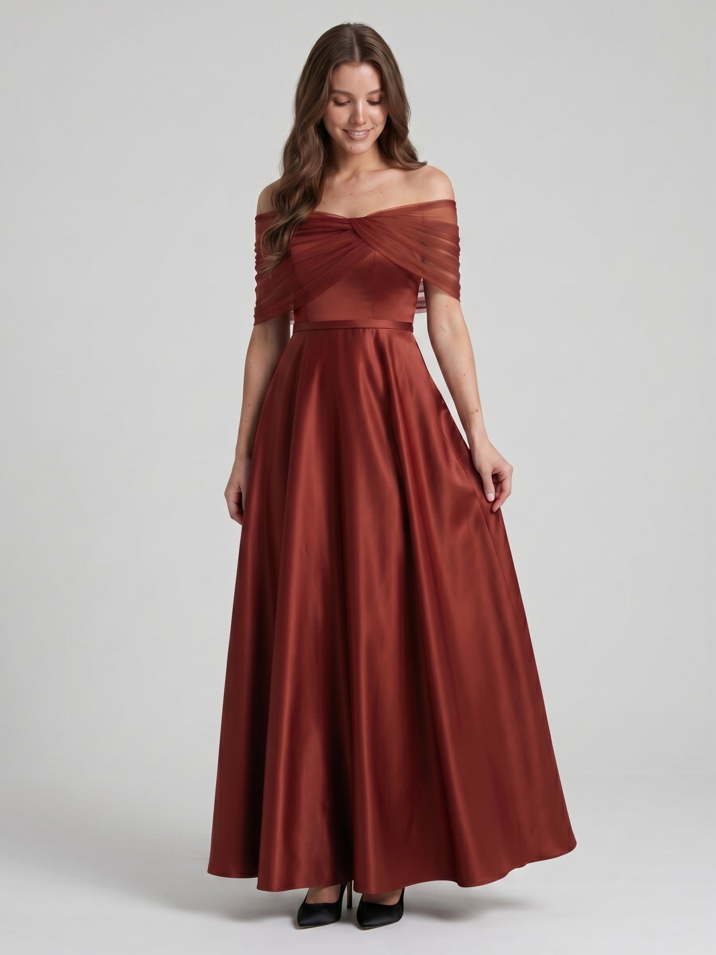 Rust Satin A-Line Off-the-Shoulder Floor-Length Bridesmaid