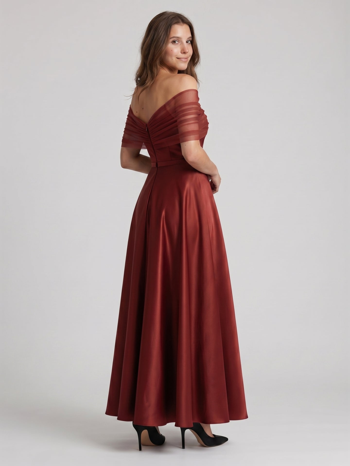 Rust Satin A-Line Off-the-Shoulder Floor-Length Bridesmaid