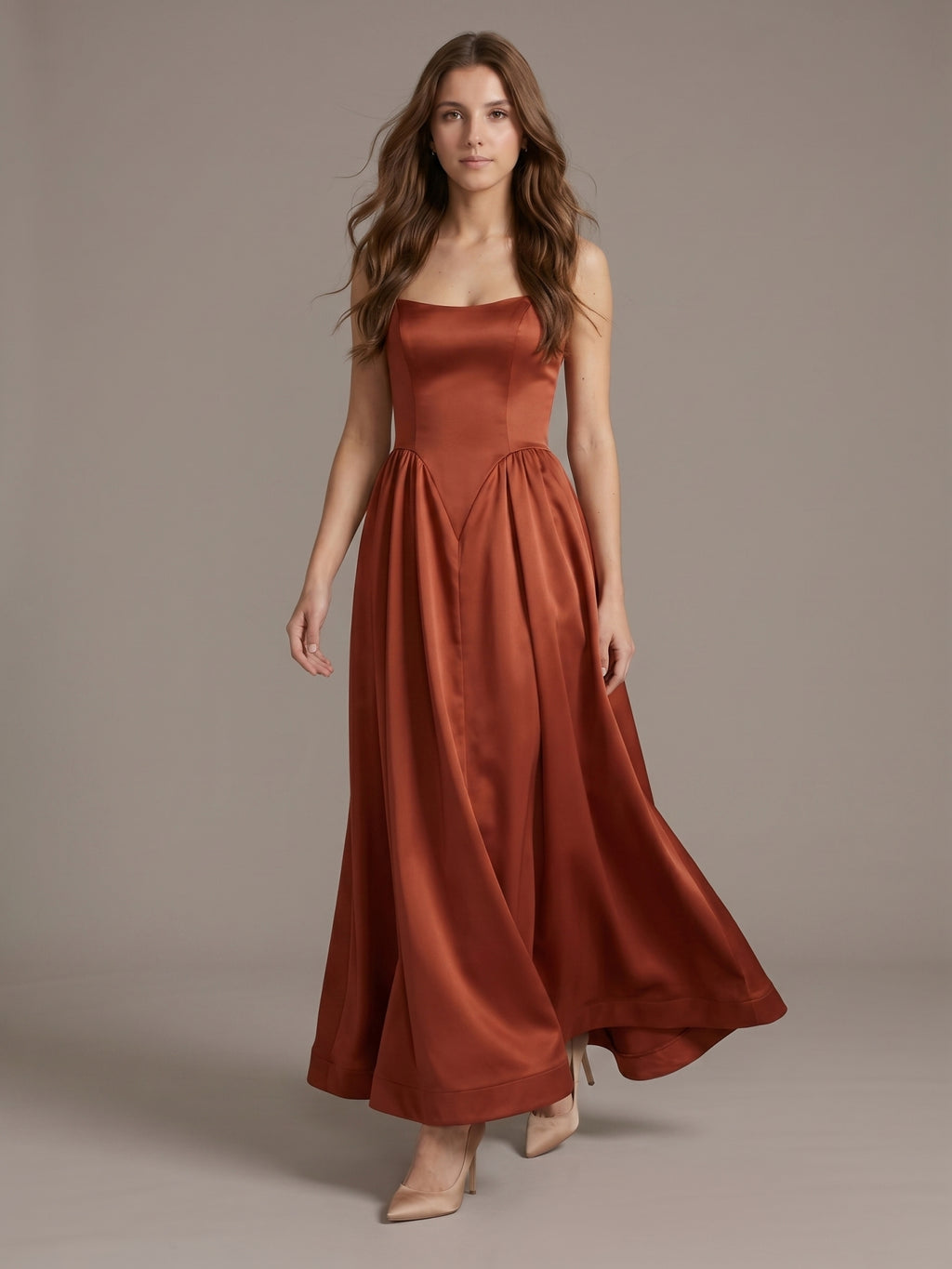 Rust Satin A-Line Straight Neck Backless Ankle-Length Bridesmaid Dress