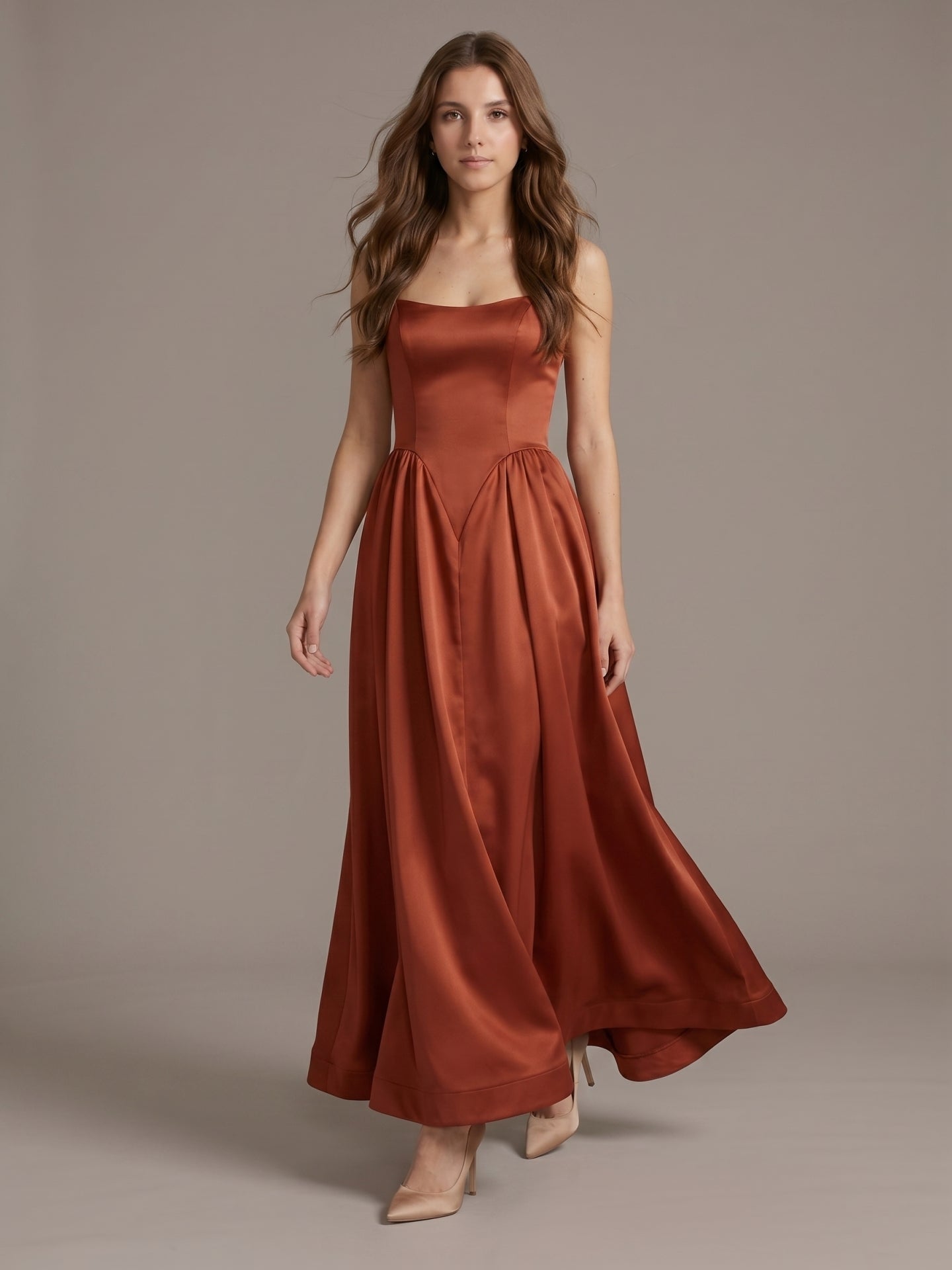 Rust Satin A-Line Straight Neck Backless Ankle-Length Bridesmaid Dress