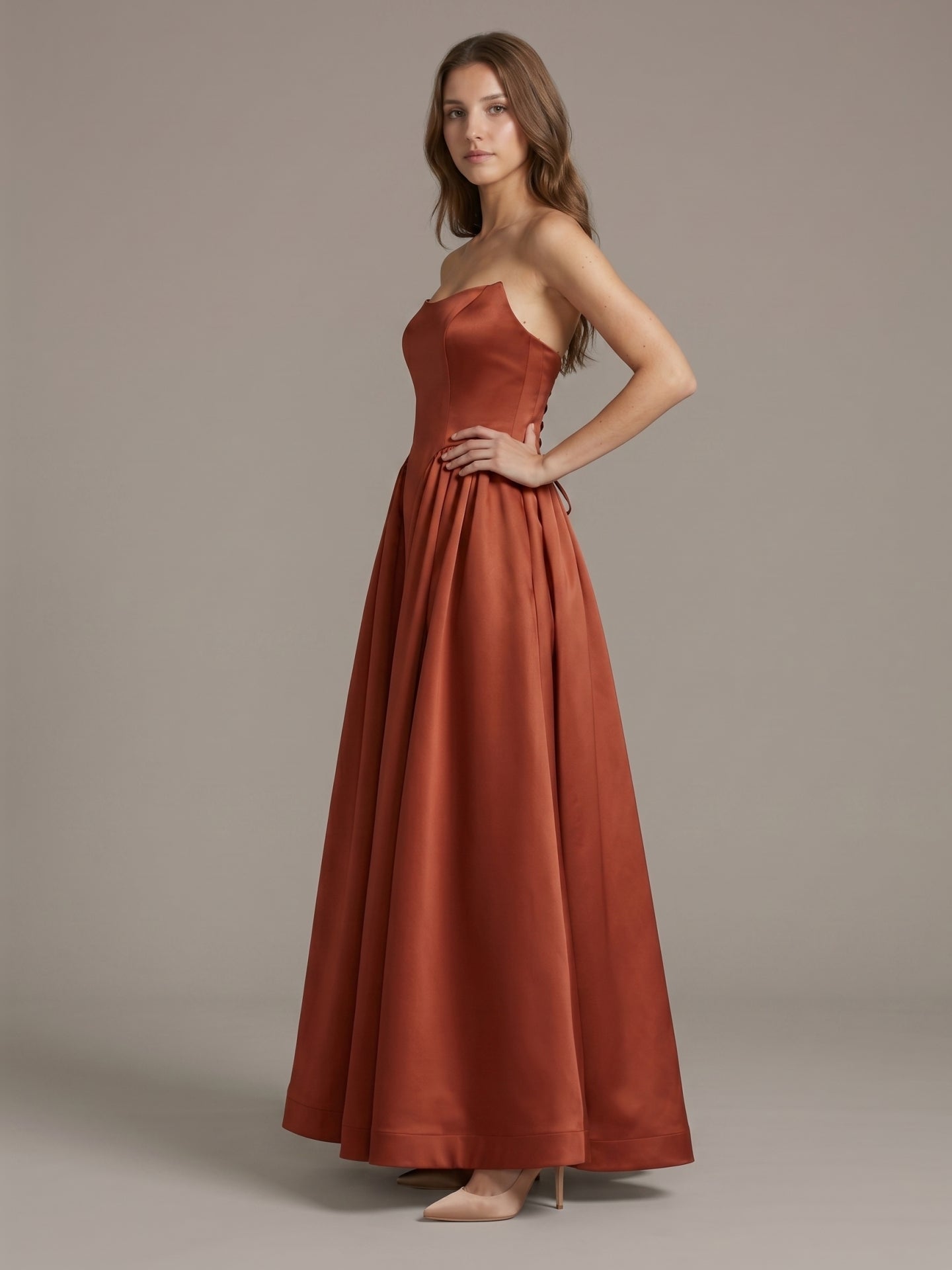 Rust Satin A-Line Straight Neck Backless Ankle-Length Bridesmaid Dress