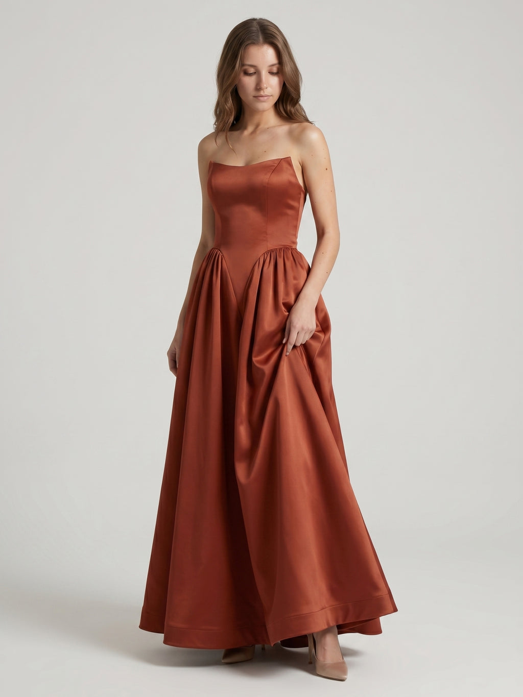 Rust Satin A-Line Straight Neck Backless Ankle-Length Bridesmaid Dress