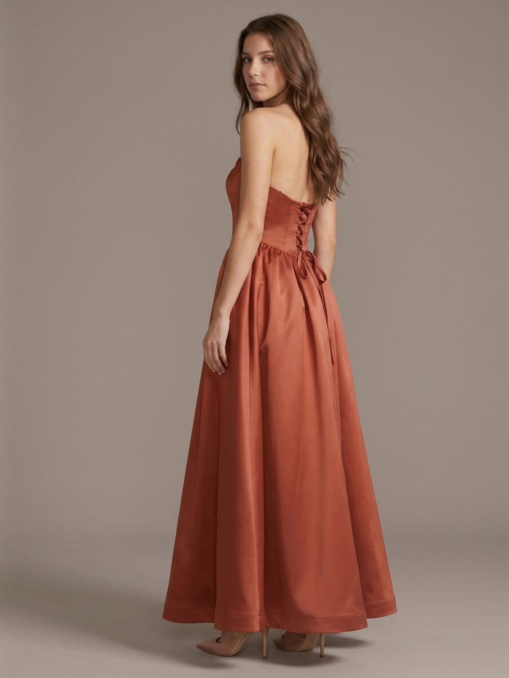 Rust Satin A-Line Straight Neck Backless Ankle-Length Bridesmaid Dress