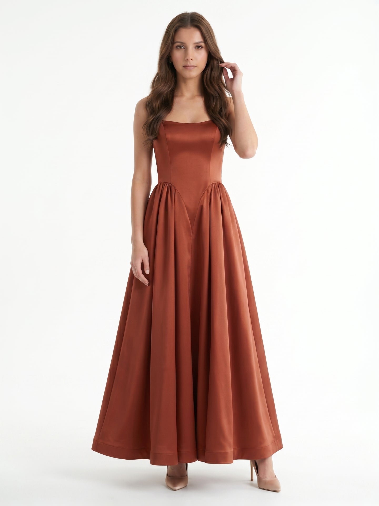 Rust Satin A-Line Straight Neck Backless Ankle-Length Bridesmaid Dress