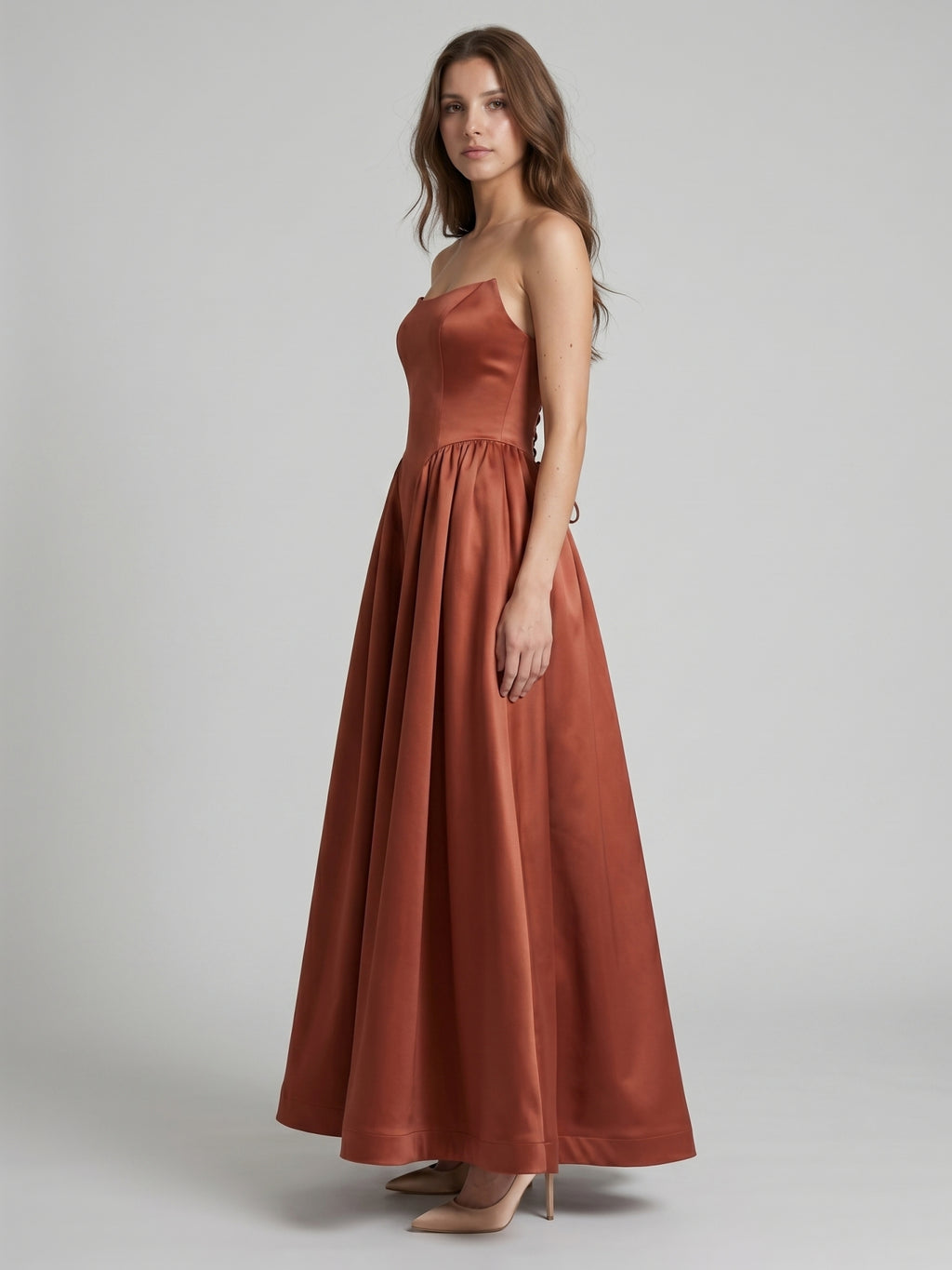 Rust Satin A-Line Straight Neck Backless Ankle-Length Bridesmaid Dress