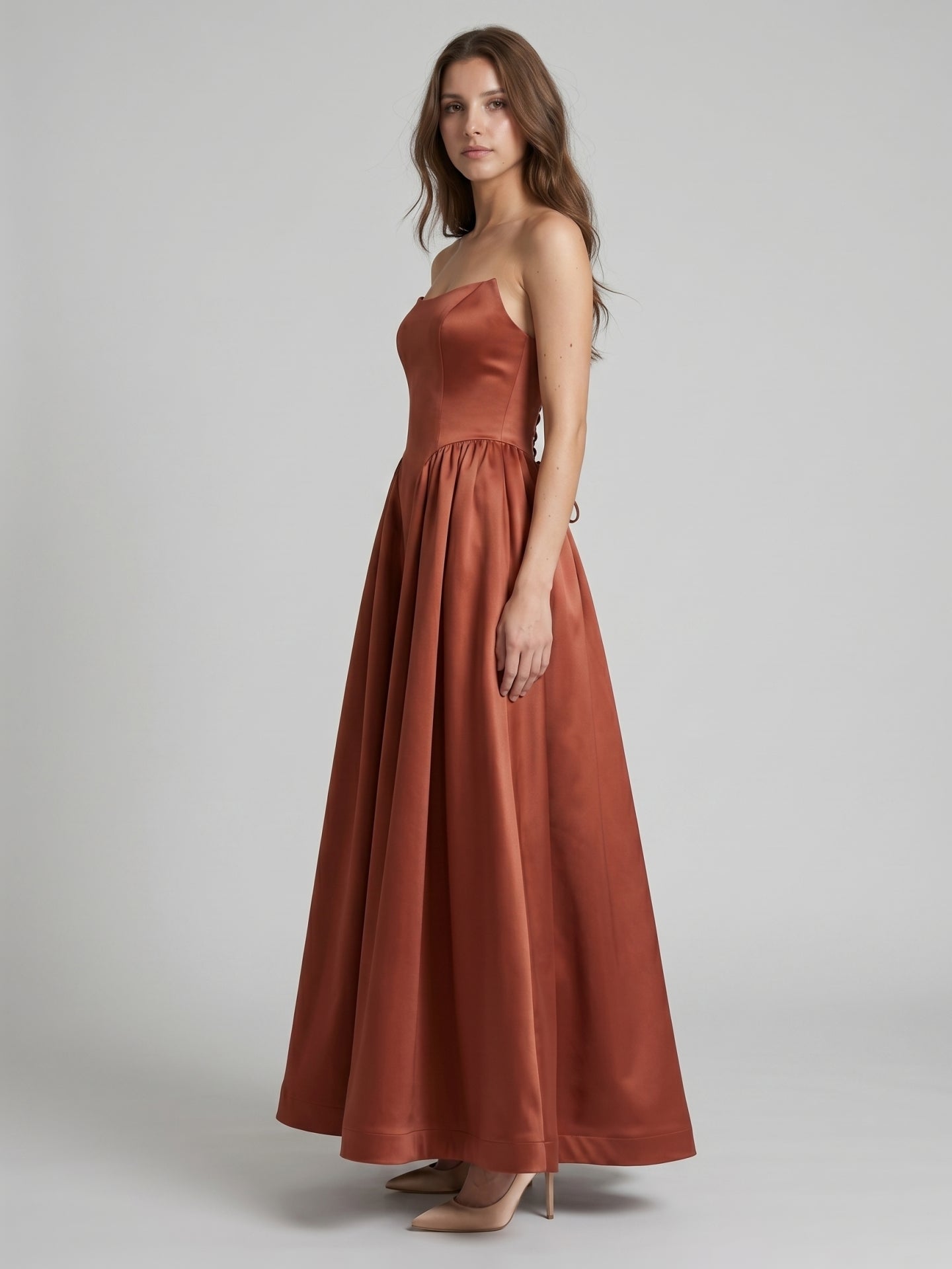 Rust Satin A-Line Straight Neck Backless Ankle-Length Bridesmaid Dress