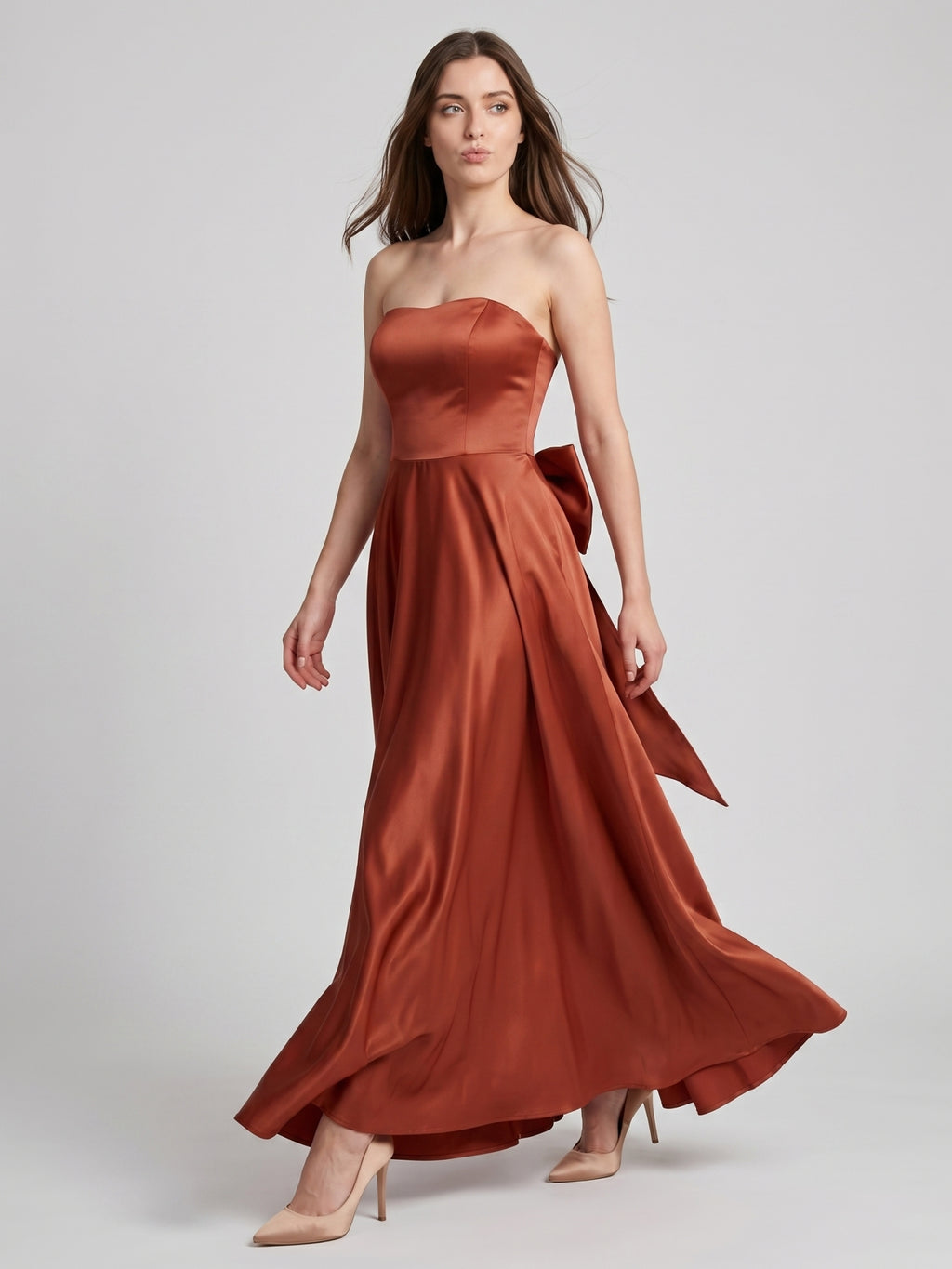 Rust Satin A-Line Straight Neck Backless Floor-Length Bridesmaid Dress with Bow Detail