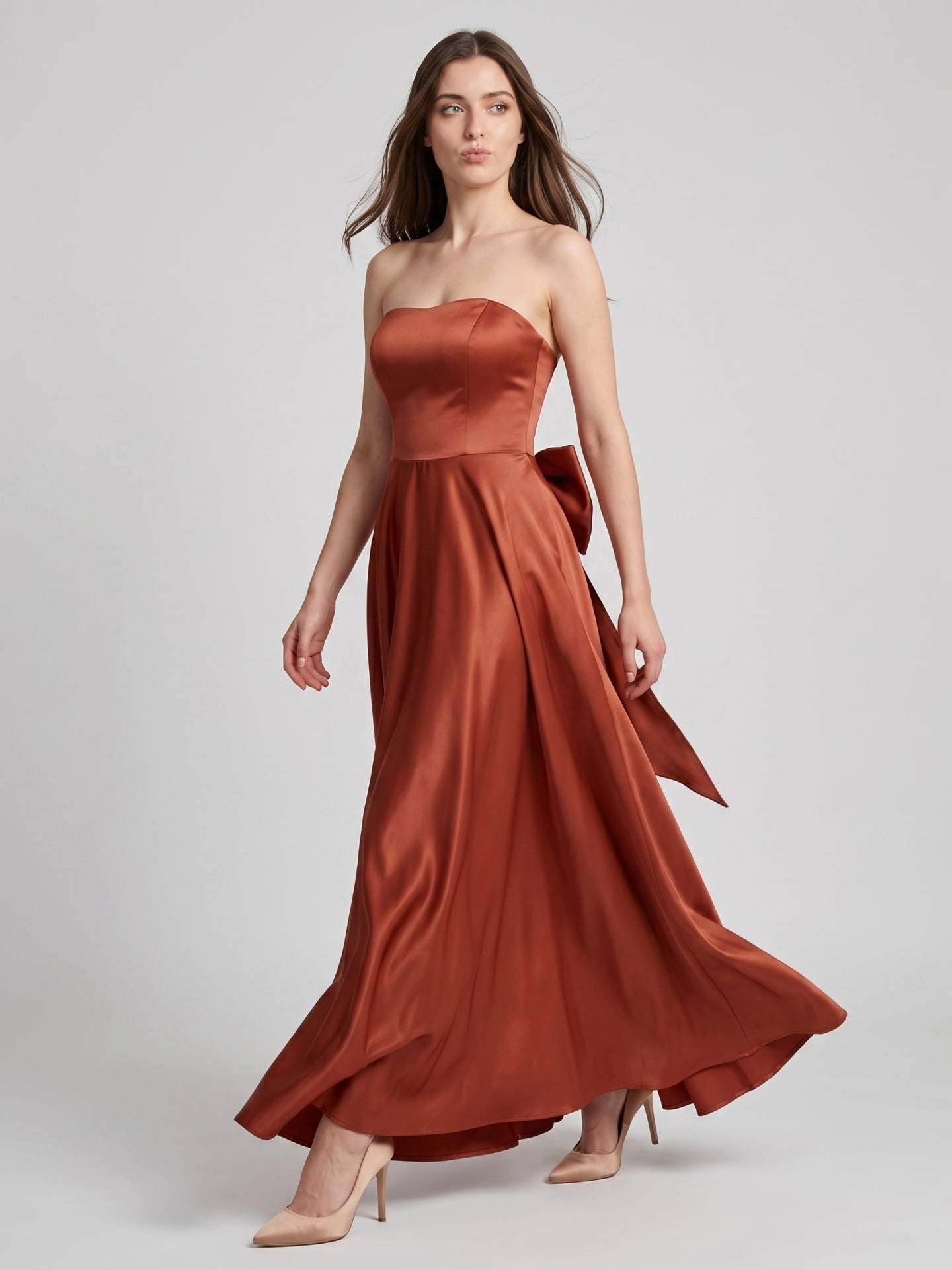 Rust Satin A-Line Straight Neck Backless Floor-Length Bridesmaid Dress with Bow Detail