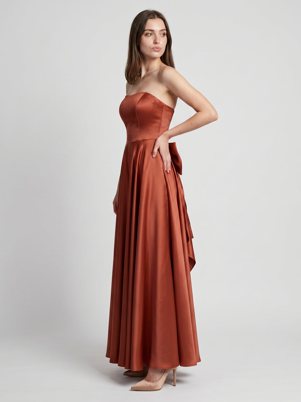 Rust Satin A-Line Straight Neck Backless Floor-Length Bridesmaid Dress with Bow Detail