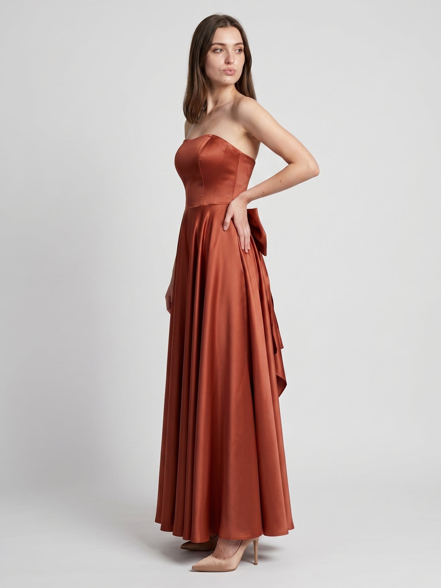 Rust Satin A-Line Straight Neck Backless Floor-Length Bridesmaid Dress with Bow Detail
