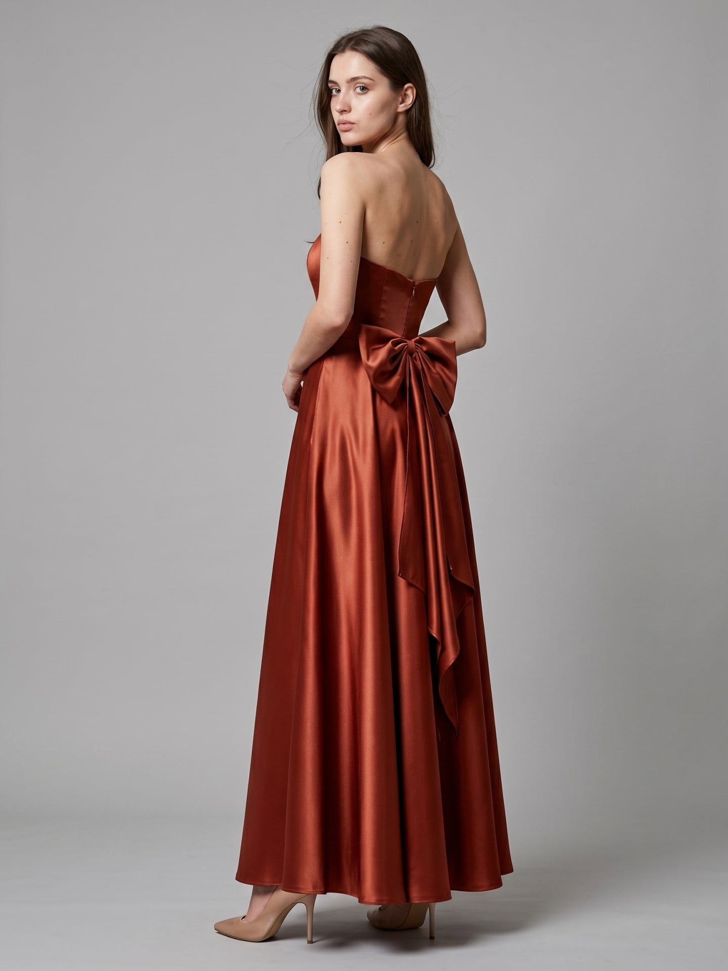 Rust Satin A-Line Straight Neck Backless Floor-Length Bridesmaid Dress with Bow Detail