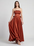 Rust Satin A-Line Straight Neck Backless Floor-Length Bridesmaid Dress with Bow Detail