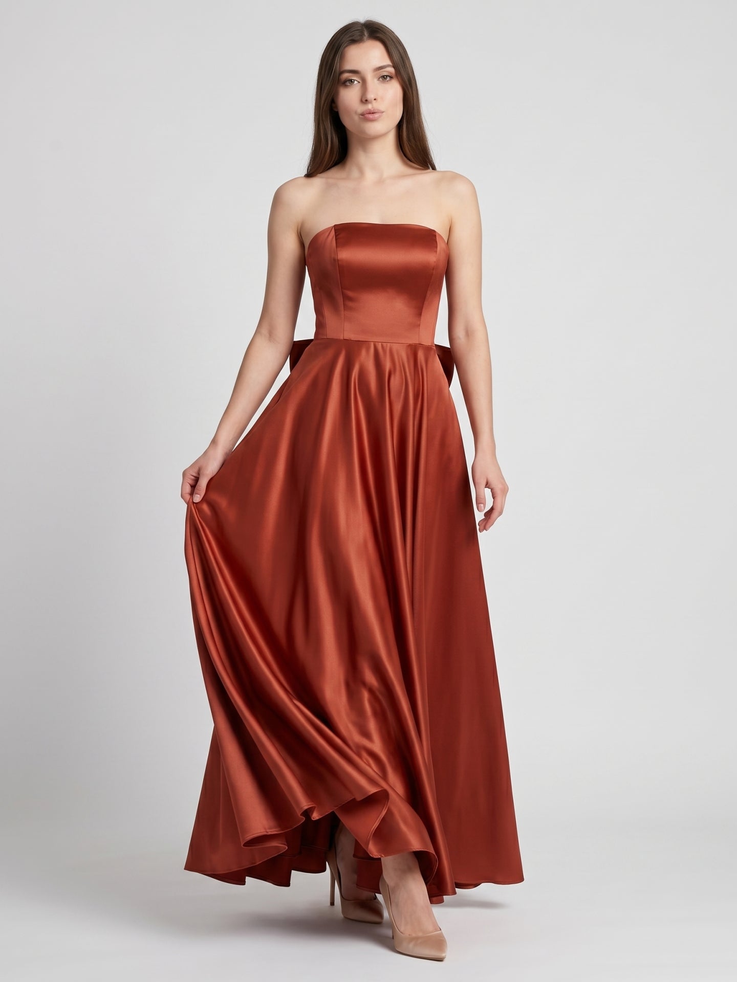Rust Satin A-Line Straight Neck Backless Floor-Length Bridesmaid Dress with Bow Detail