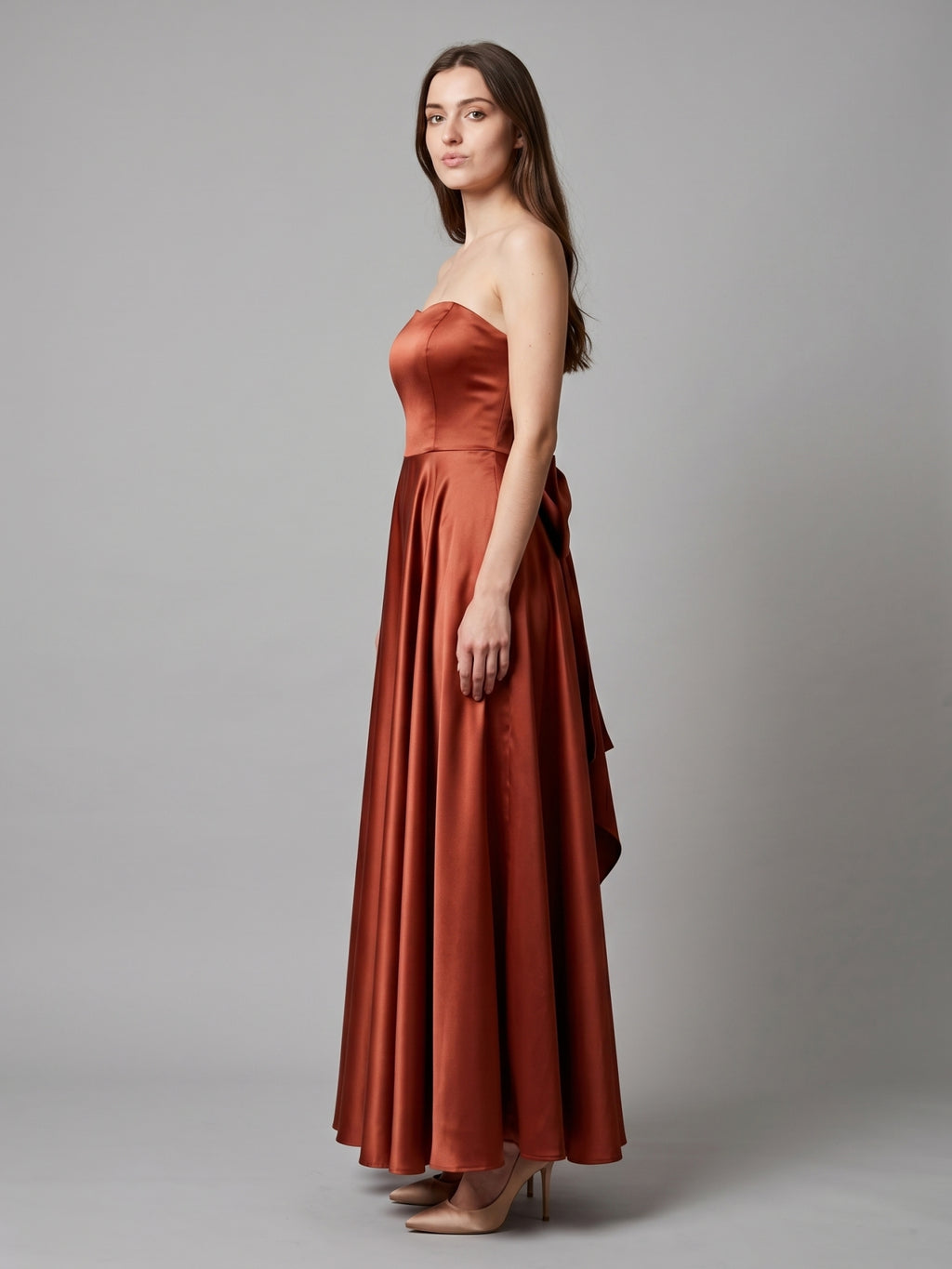 Rust Satin A-Line Straight Neck Backless Floor-Length Bridesmaid Dress with Bow Detail