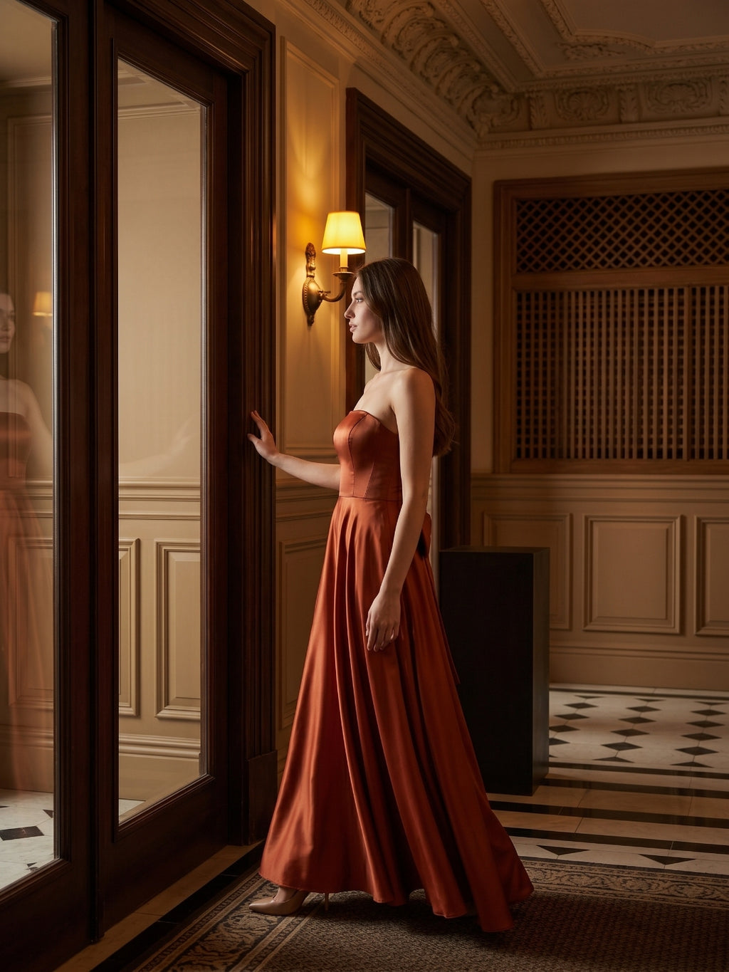 Rust Satin A-Line Straight Neck Backless Floor-Length Bridesmaid Dress with Bow Detail