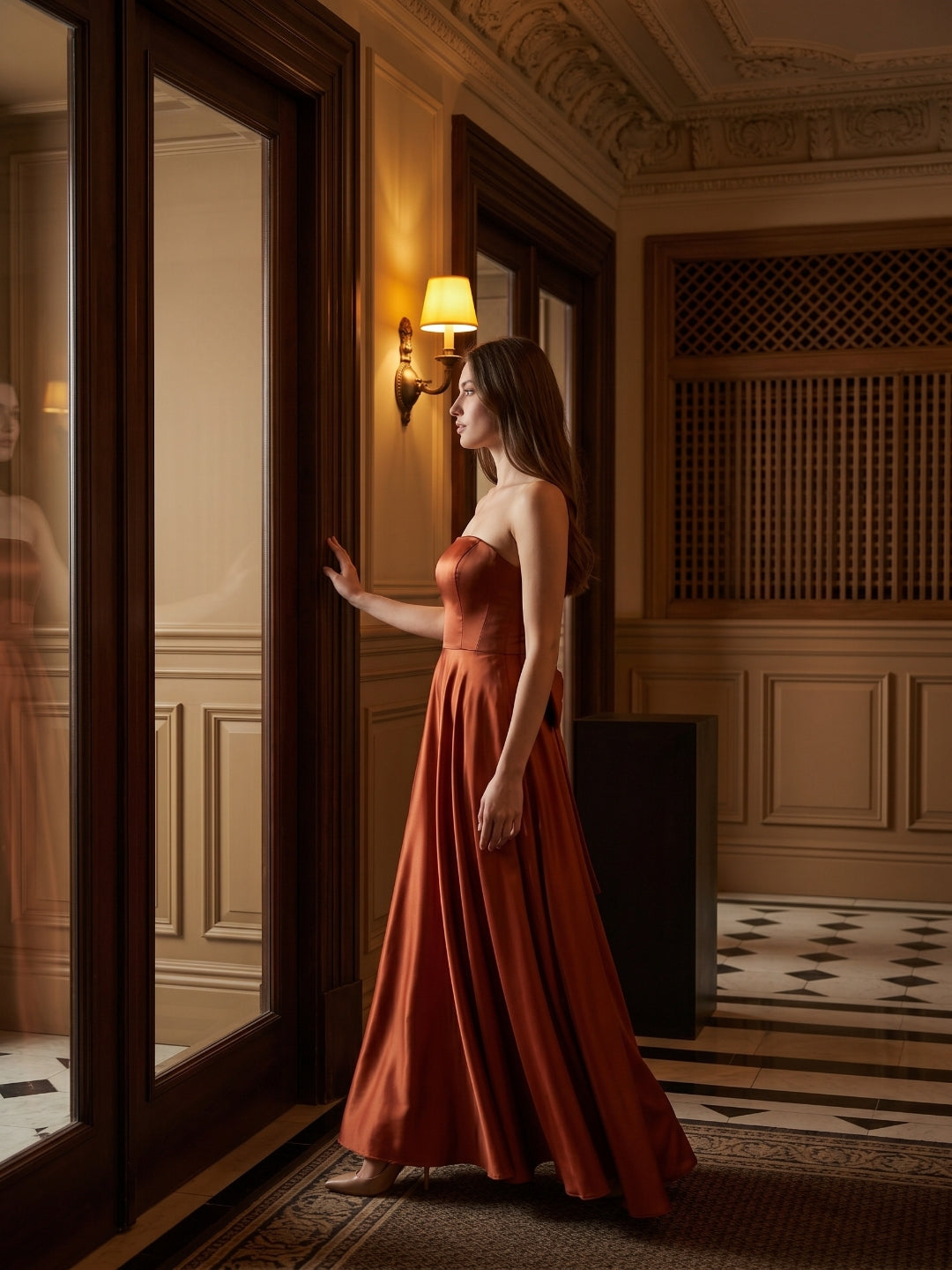 Rust Satin A-Line Straight Neck Backless Floor-Length Bridesmaid Dress with Bow Detail