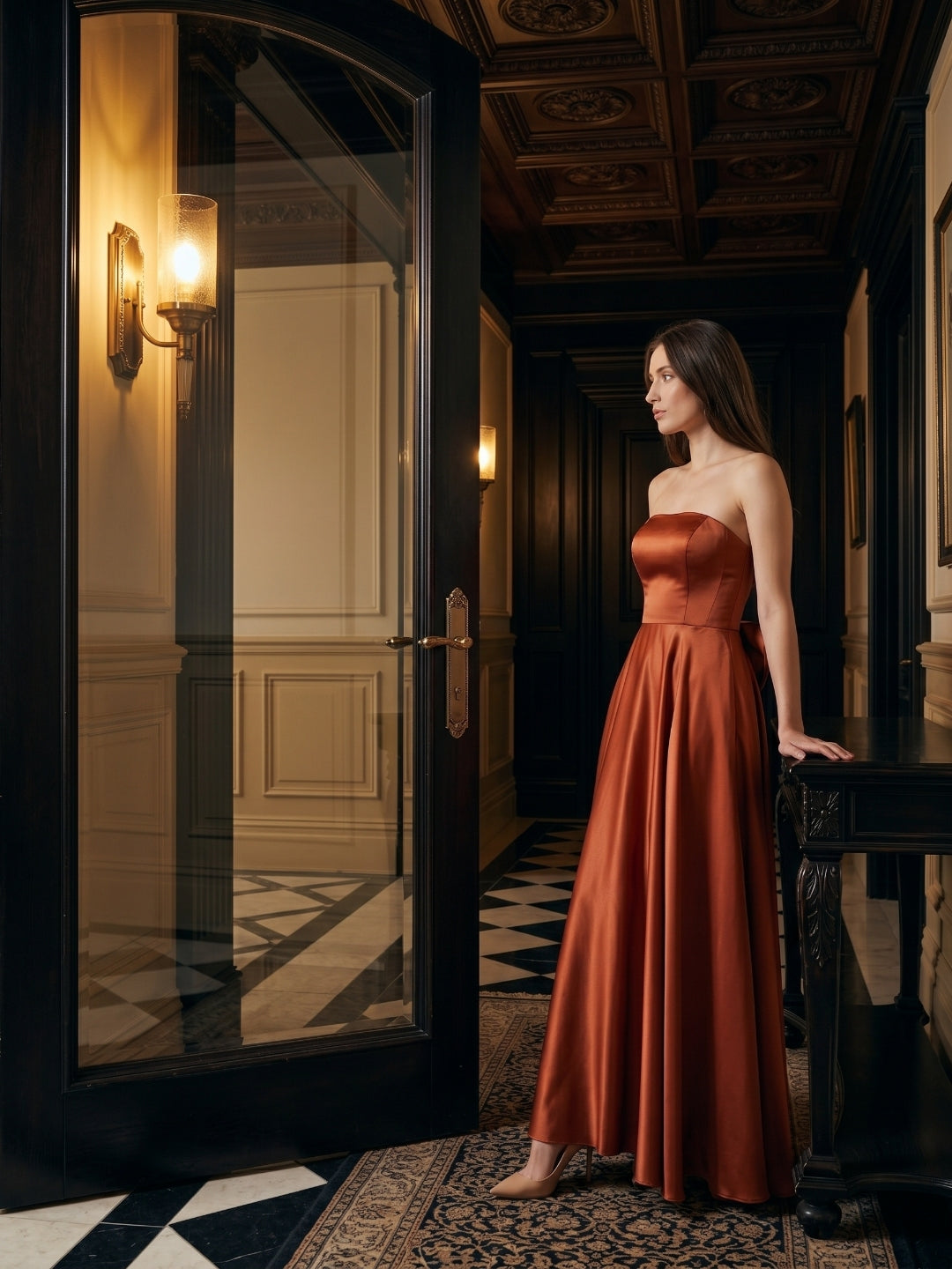 Rust Satin A-Line Straight Neck Backless Floor-Length Bridesmaid Dress with Bow Detail