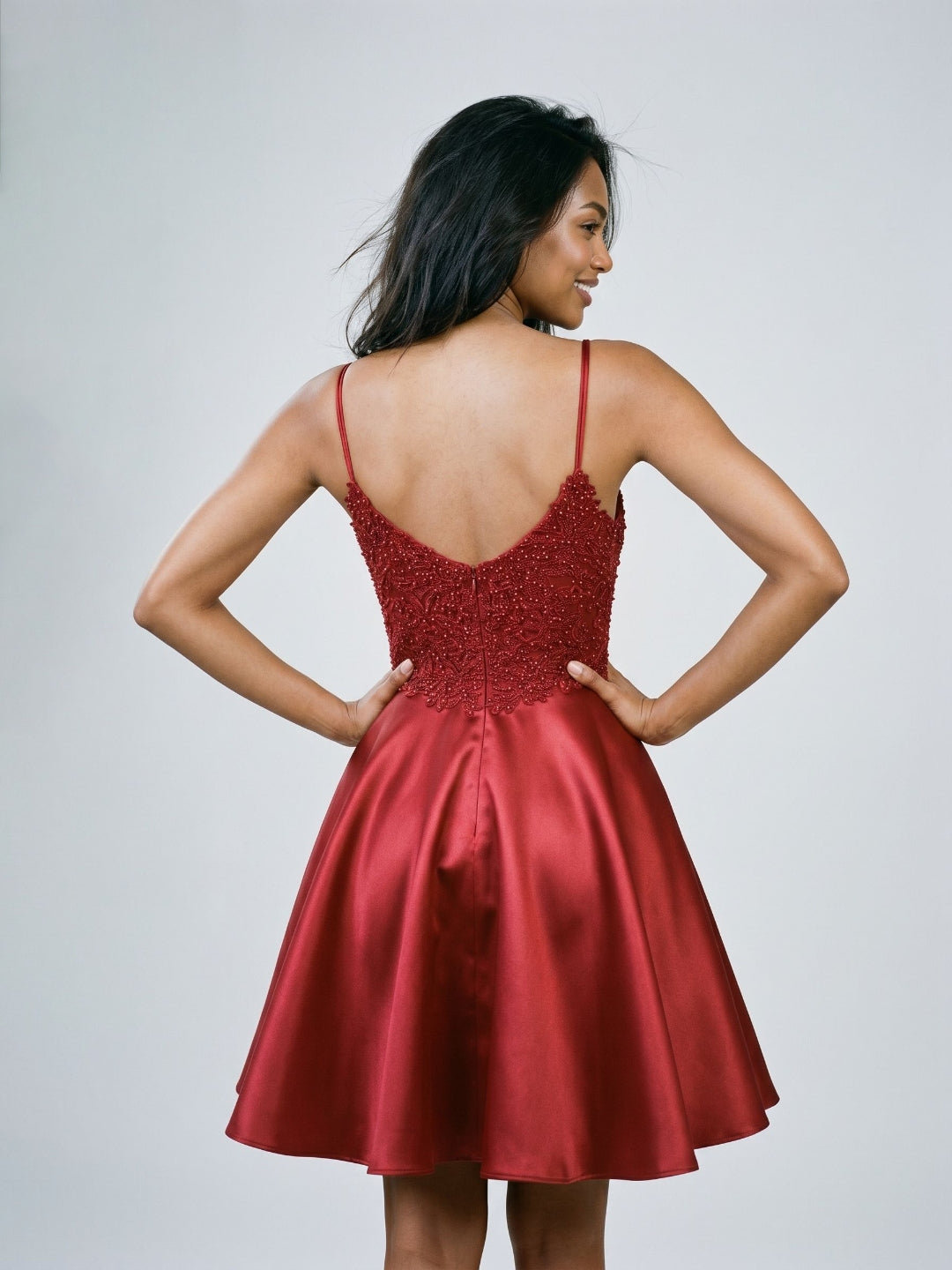 Rust Satin A-Line V-Neck Back Zip Short Dress with Beading