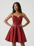 Rust Satin A-Line V-Neck Back Zip Short Dress with Beading