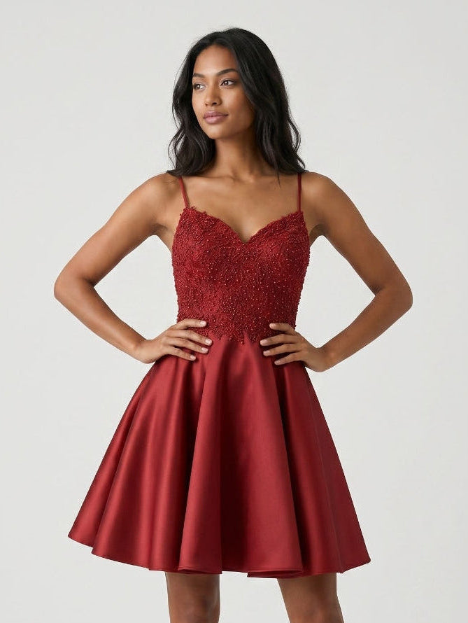Rust Satin A-Line V-Neck Back Zip Short Dress with Beading