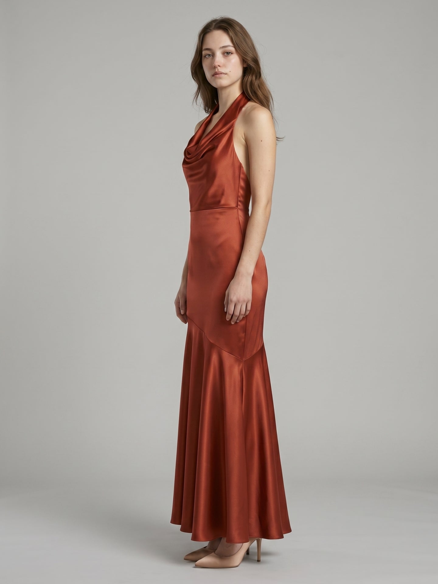 Rust Satin Mermaid Halter Backless Floor-Length Bridesmaid Dress with Cascading Ruffles