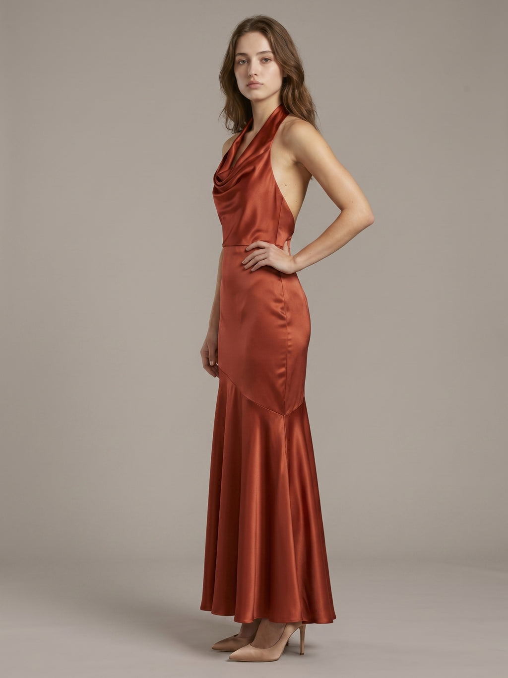 Rust Satin Mermaid Halter Backless Floor-Length Bridesmaid Dress with Cascading Ruffles