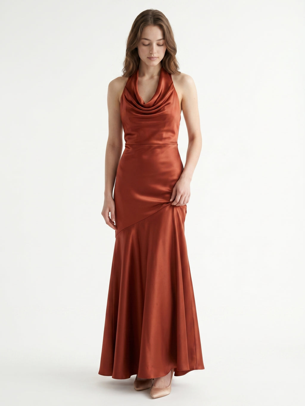 Rust Satin Mermaid Halter Backless Floor-Length Bridesmaid Dress with Cascading Ruffles